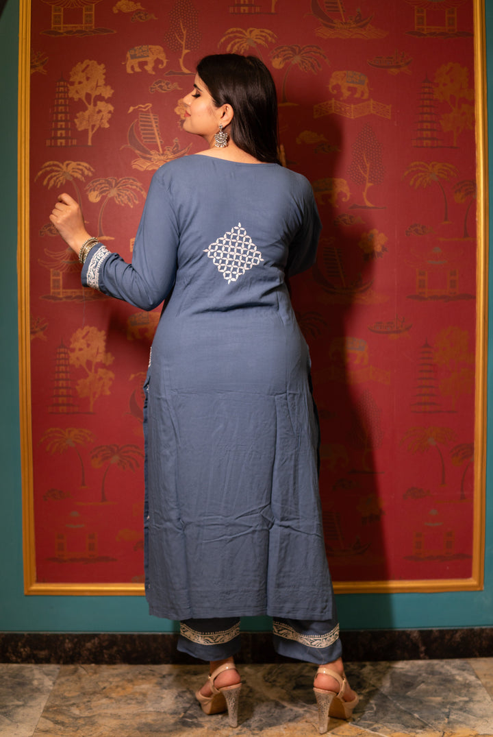 Grey Reyon Chikankari Kurta with Pant Set-Custom Made