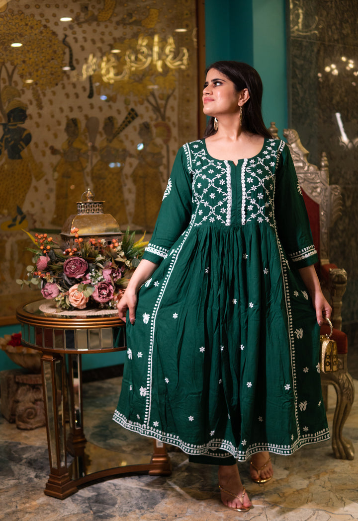 Green Rayon Chikankari A-Line Kurta with Pant Set-Custom Made
