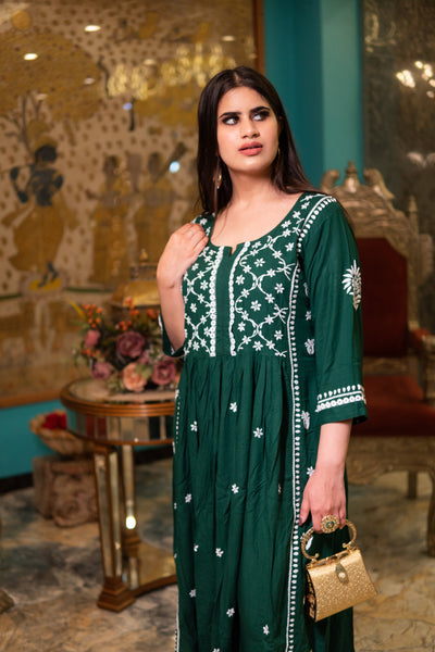 Green Rayon Chikankari A-Line Kurta Pant Set