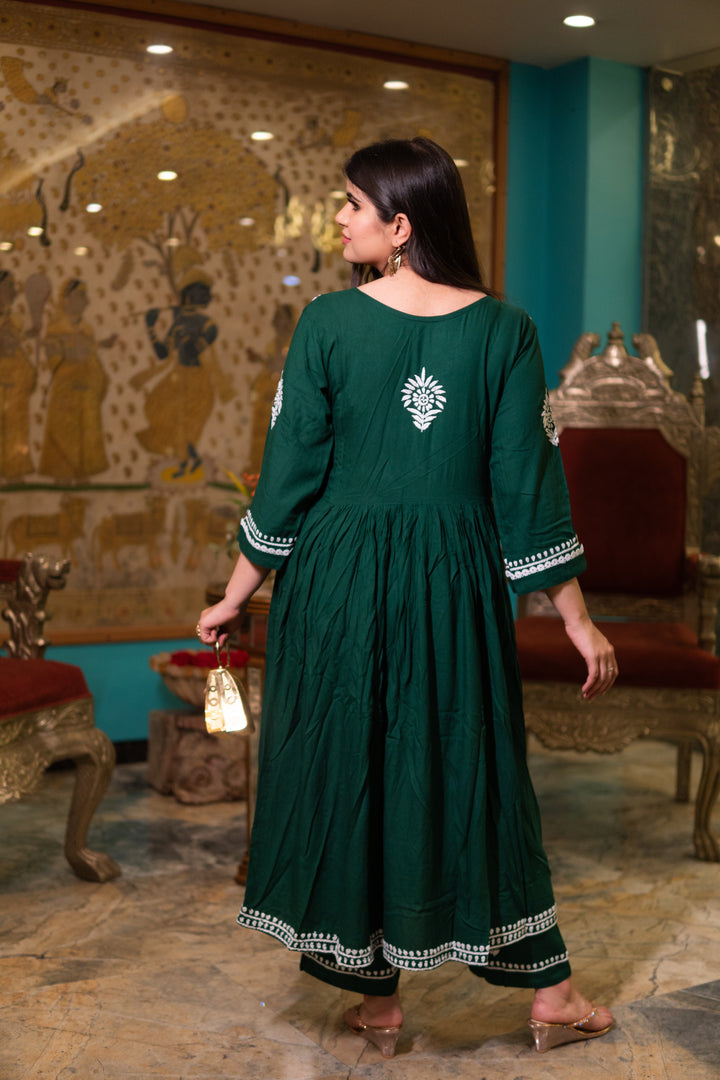 Green Rayon Chikankari A-Line Kurta with Pant Set-Custom Made