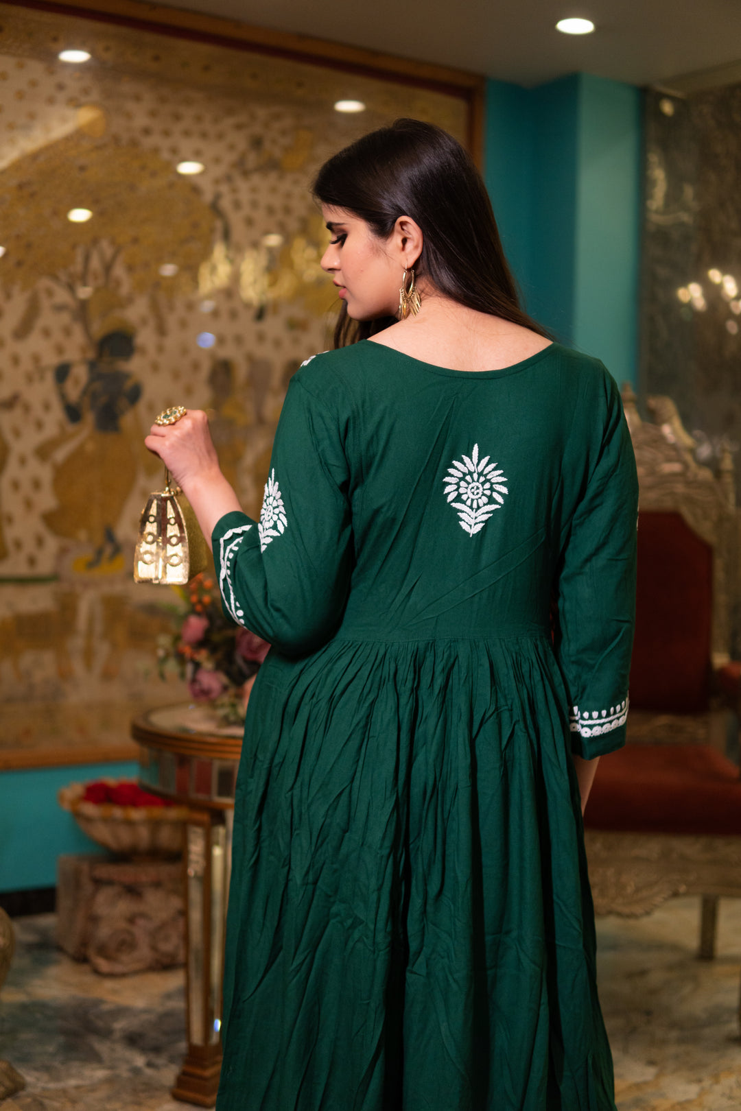 Green Rayon Chikankari A-Line Kurta with Pant Set-Custom Made