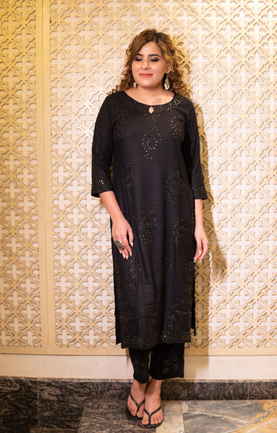 Black Rayon Chikankari Kurta Pant Set