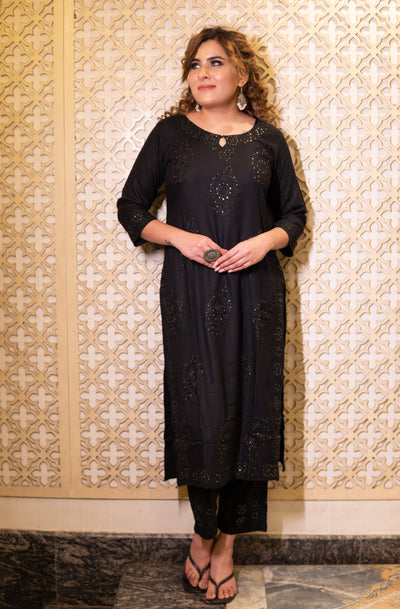 Black Rayon Chikankari Kurta Pant Set