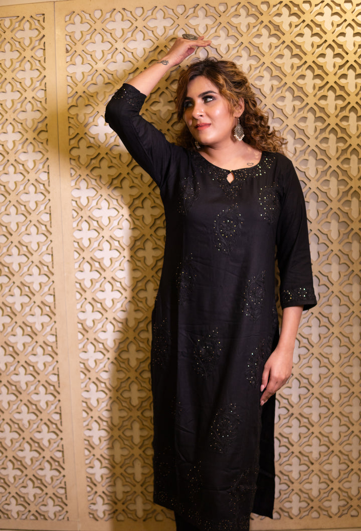 Black Rayon Chikankari Kurta with Pant Set -Custom Made