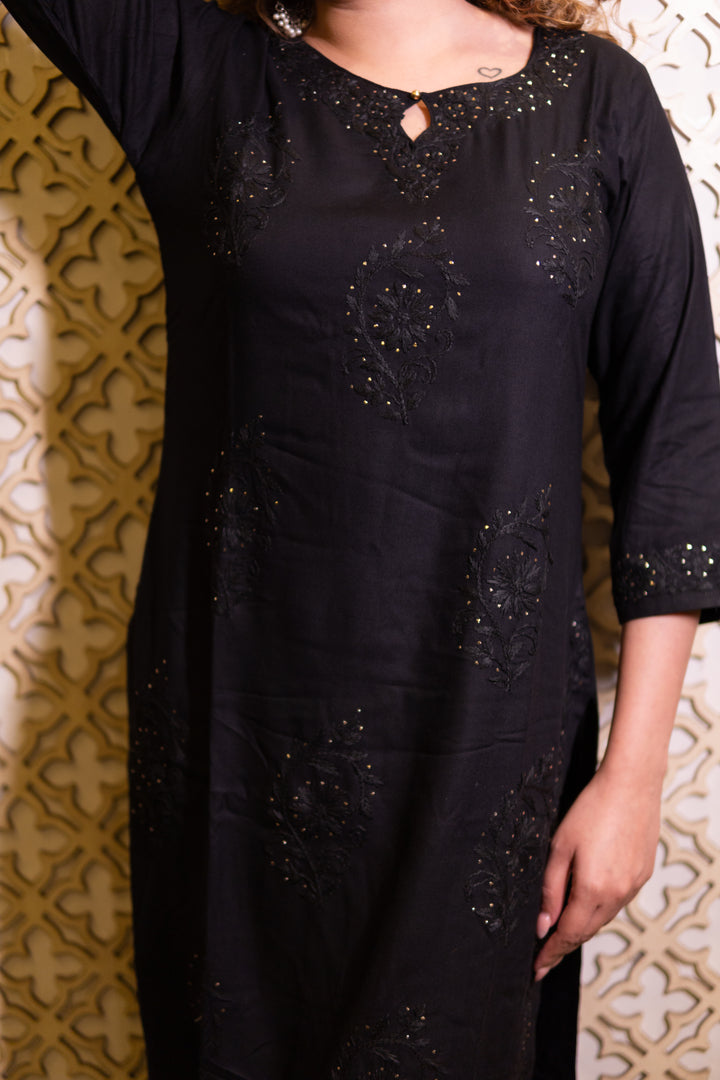 Black Rayon Chikankari Kurta Pant Set