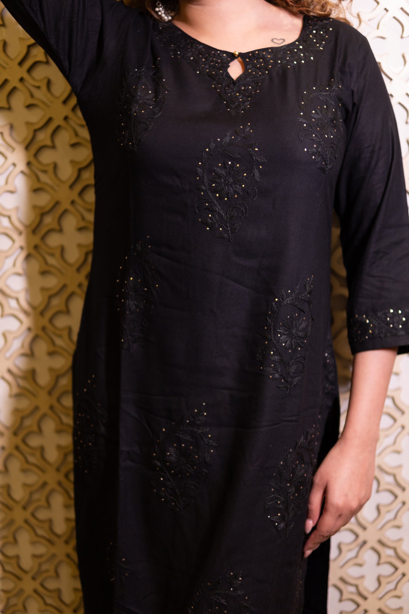 Black Rayon Chikankari Kurta Pant Set