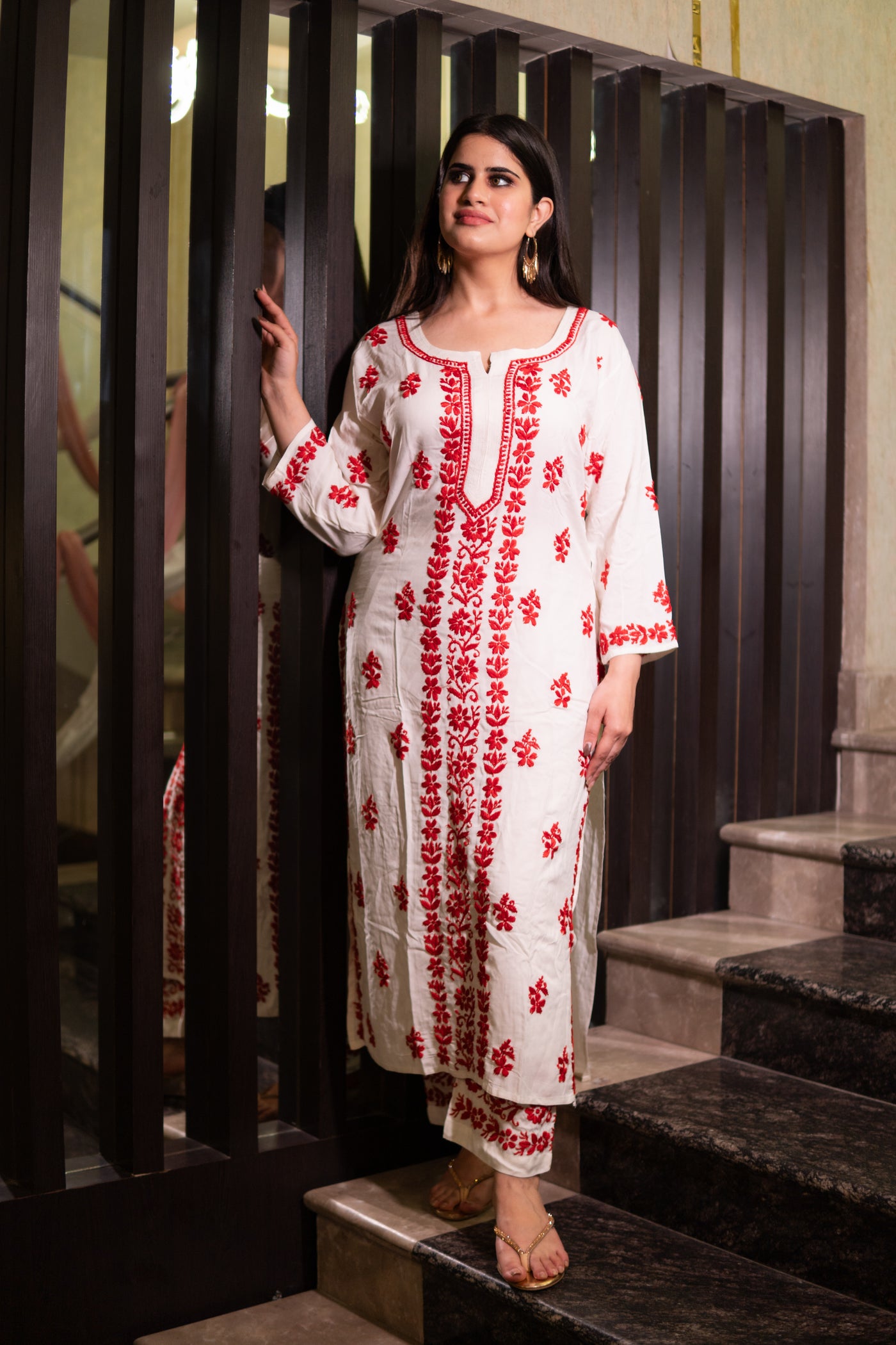 White Reyon Chikankari Kurta Pant Set