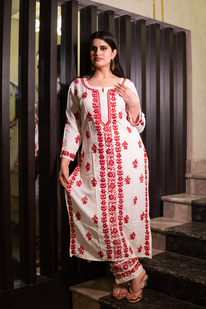 White Rayon Chikankari Kurta Pant Set- Custom Made