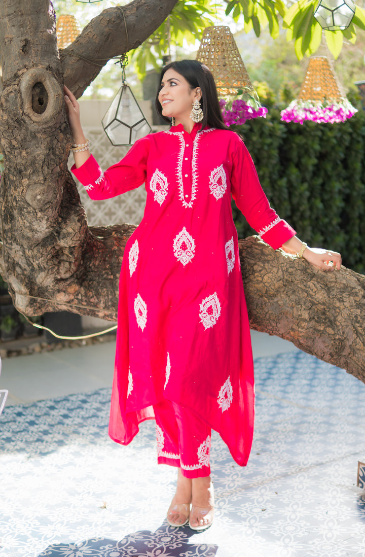 Rani Pink Chanderi Chikankari Set -Custom Made