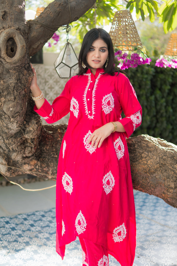 Rani Pink Chanderi Chikankari Set -Custom Made