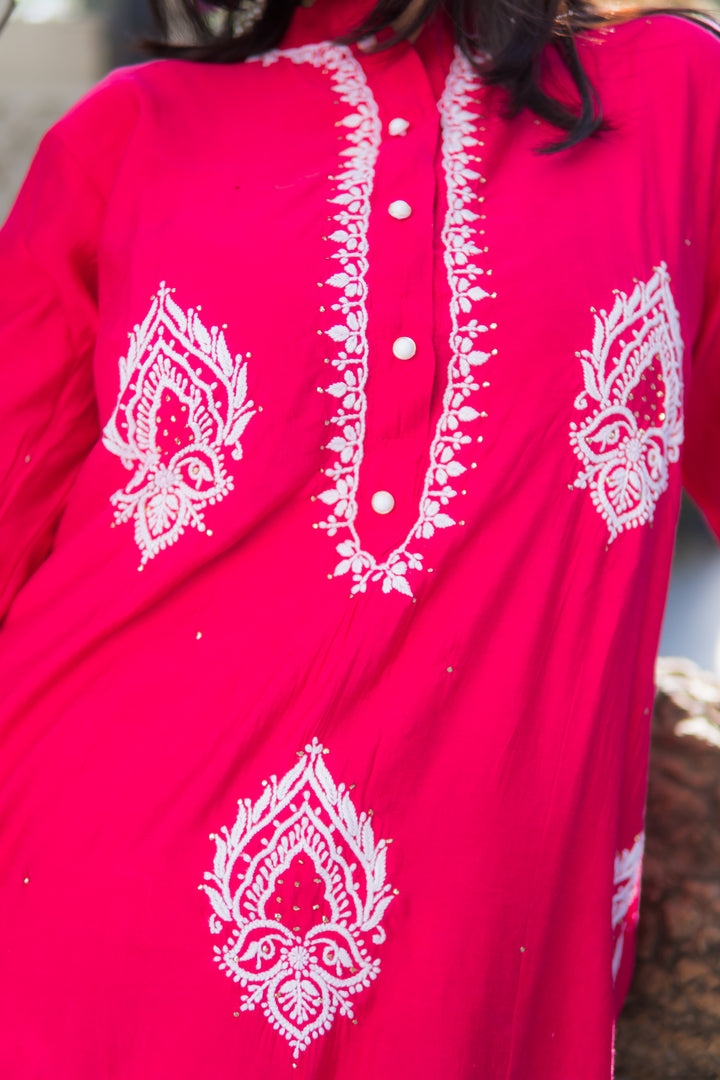 Rani Pink Chanderi Chikankari Set -Custom Made