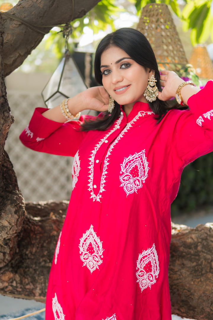 Rani Pink Chanderi Chikankari Set -Custom Made