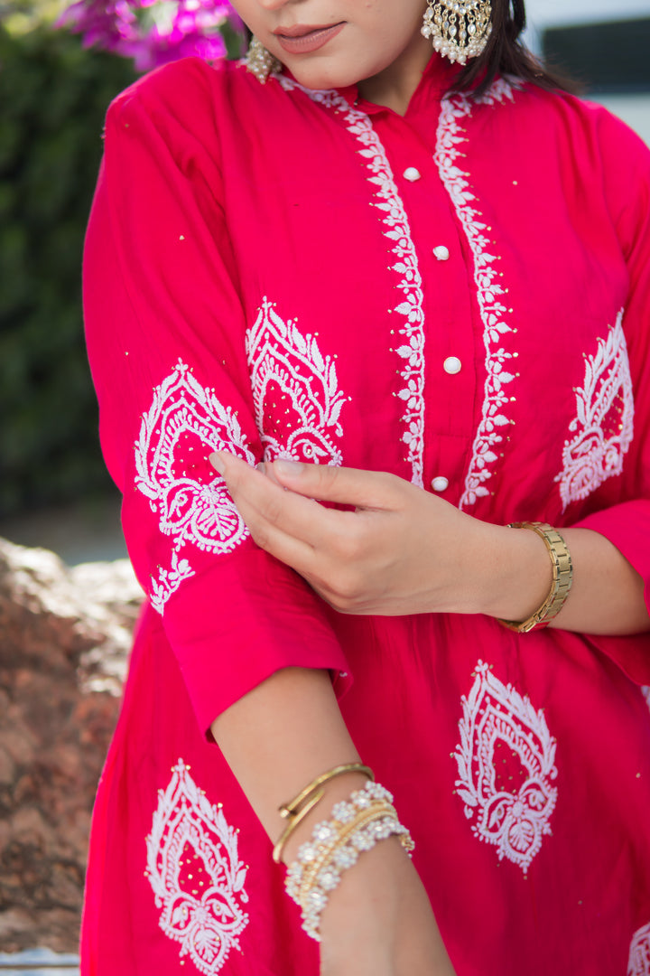 Rani Pink Chanderi Chikankari Set -Custom Made