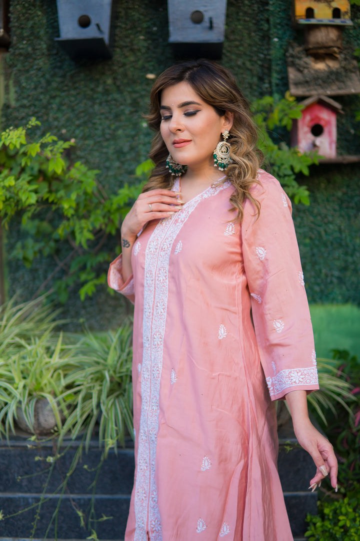 Light Mouve A-line Chanderi Chikankari Set -Custom Made