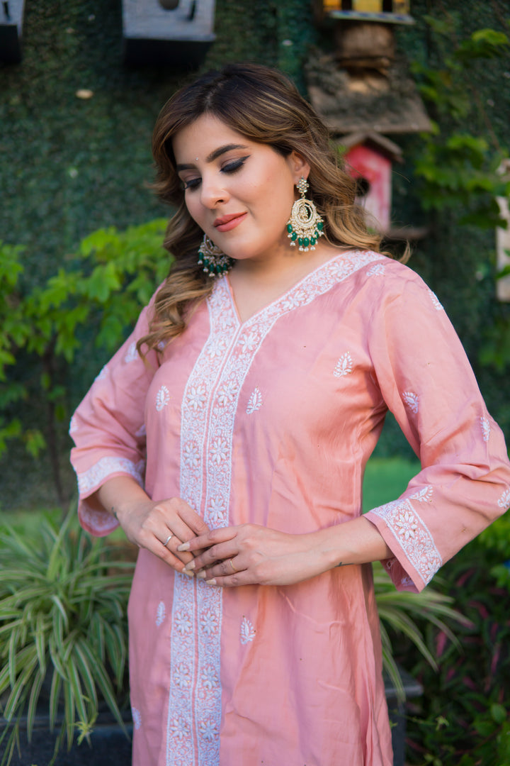Light Mouve A-line Chanderi Chikankari Set -Custom Made