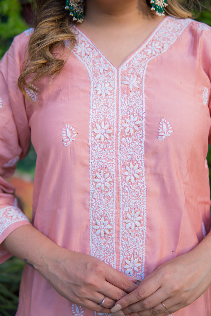 Light Mouve A-line Chanderi Chikankari Set -Custom Made