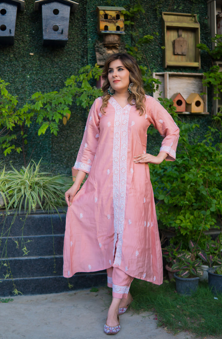 Light Mouve A-line Chanderi Chikankari Set -Custom Made