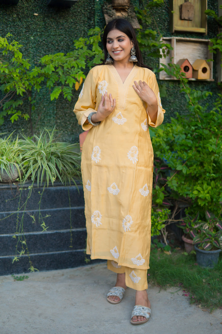 Mustard Chanderi Chikankari Set -Custom Made