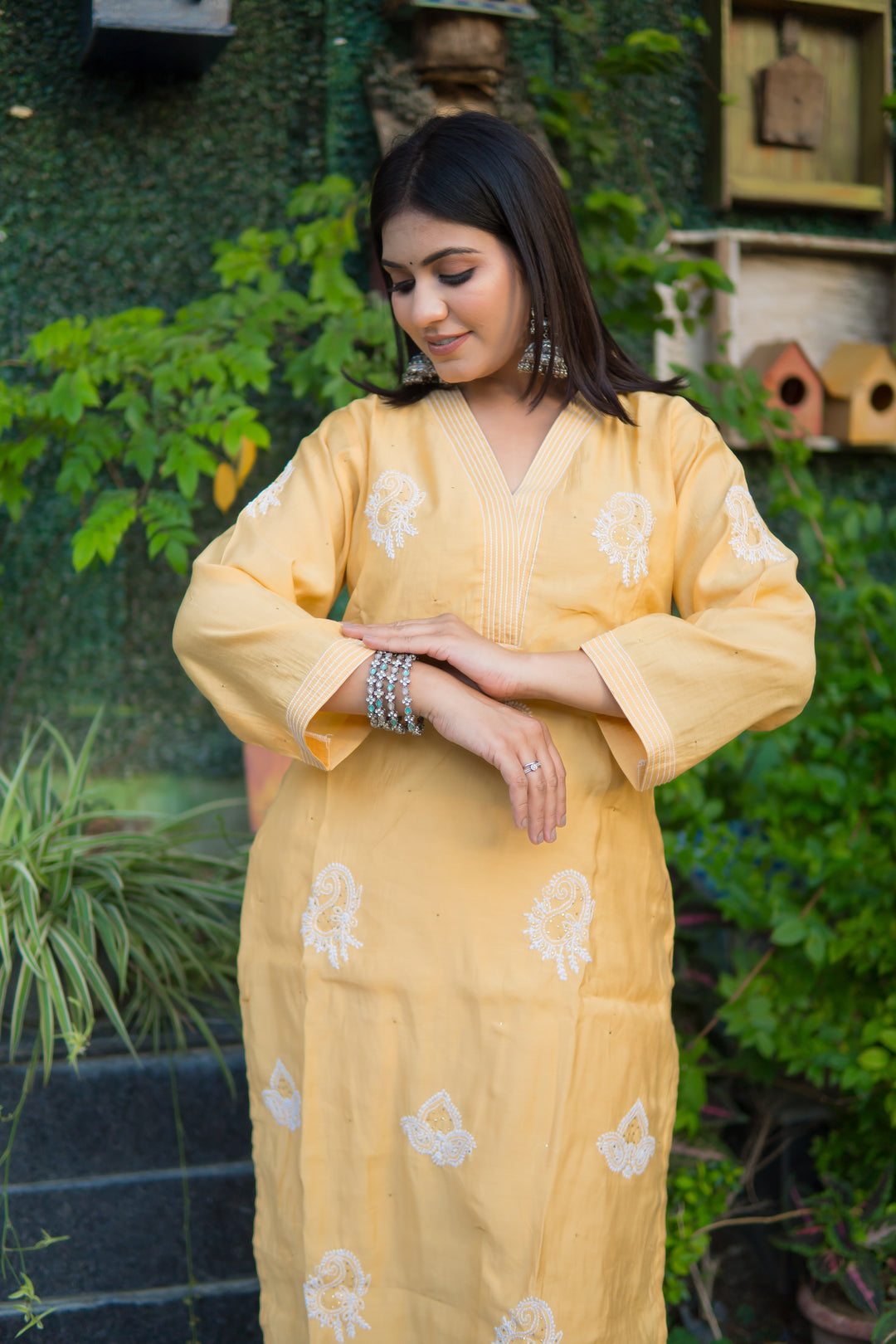 Mustard Chanderi Chikankari Set -Custom Made