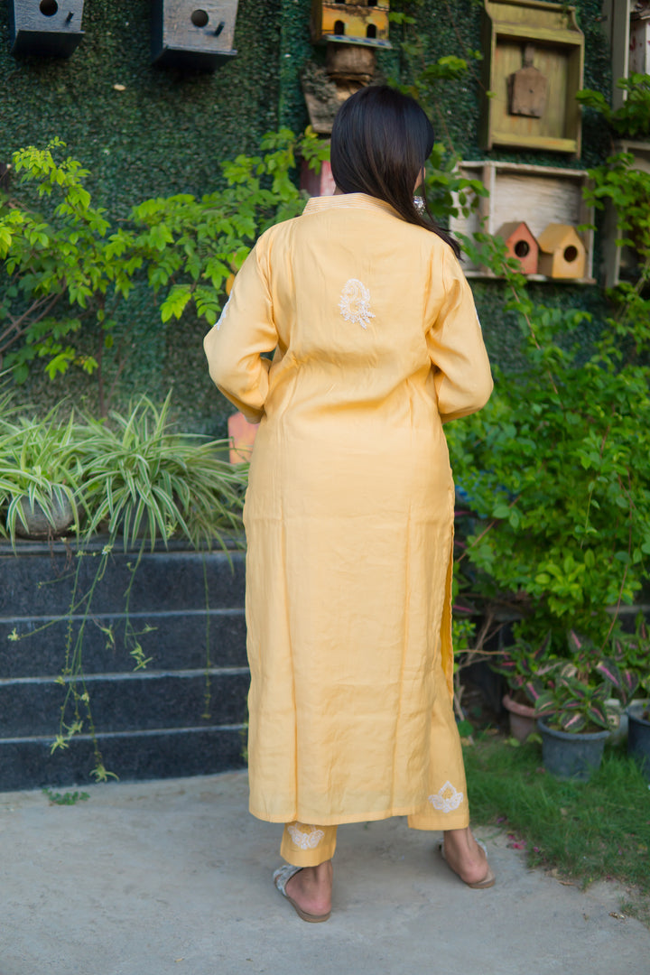 Mustard Chanderi Chikankari Set -Custom Made
