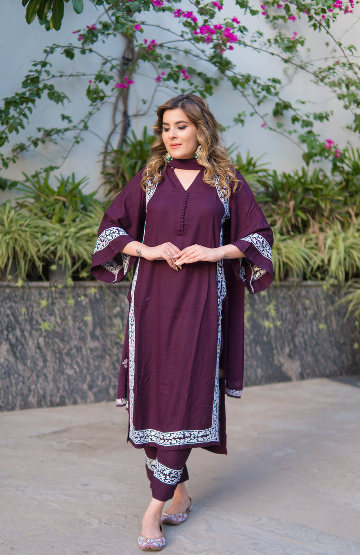 Wine Rayon Chikankari Suit Set -Custom Made