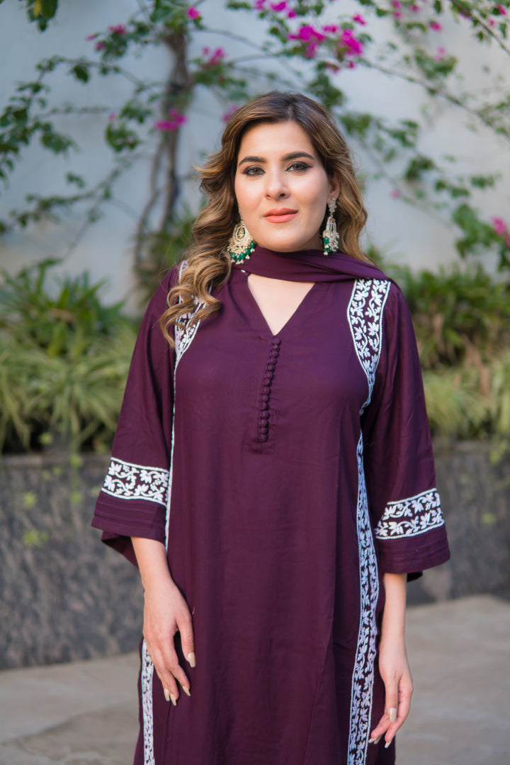 Wine Rayon Chikankari Suit Set -Custom Made
