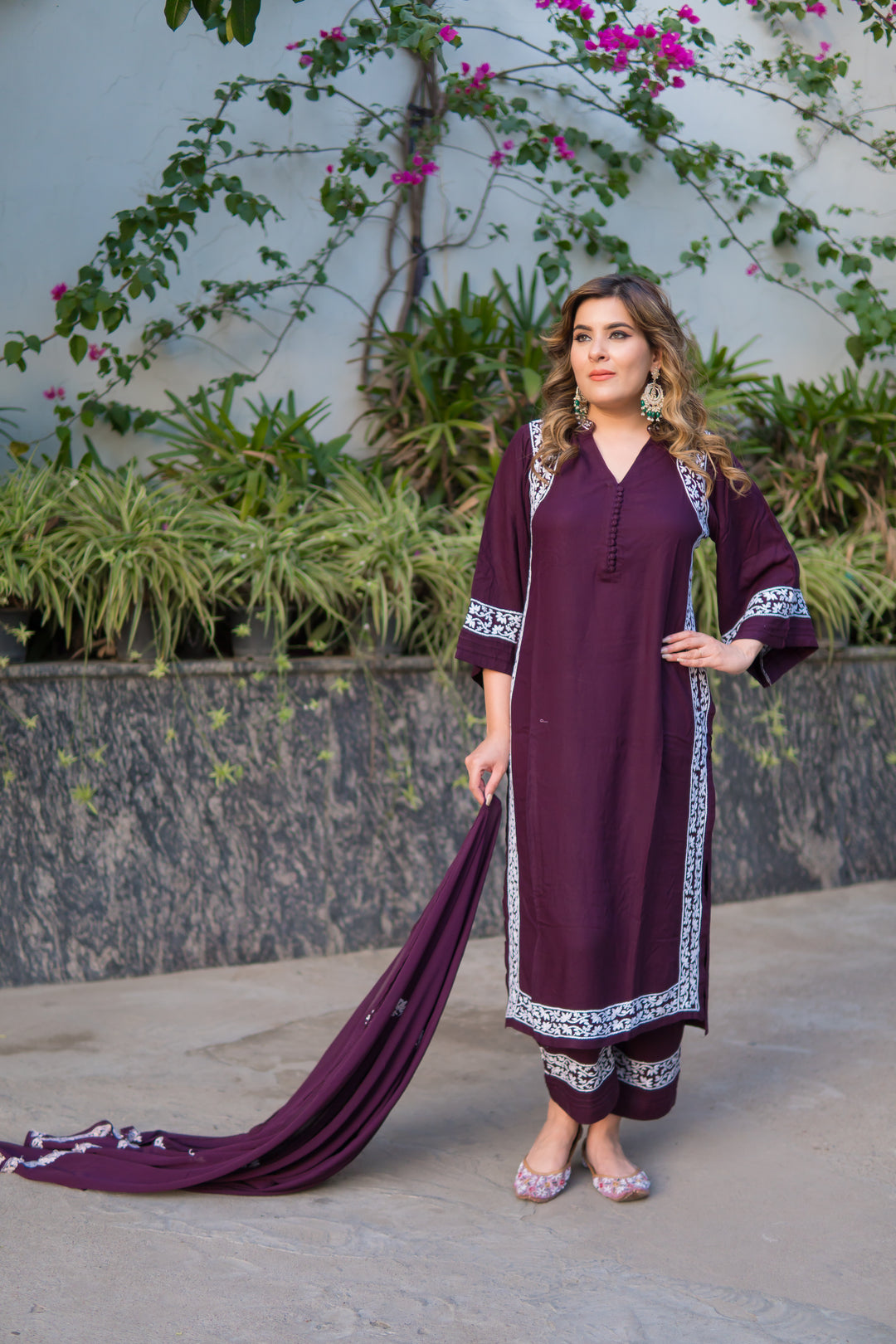 Wine Rayon Chikankari Suit Set -Custom Made