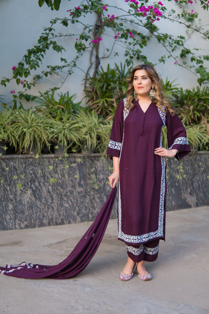 Wine Rayon Chikankari Suit Set -Custom Made