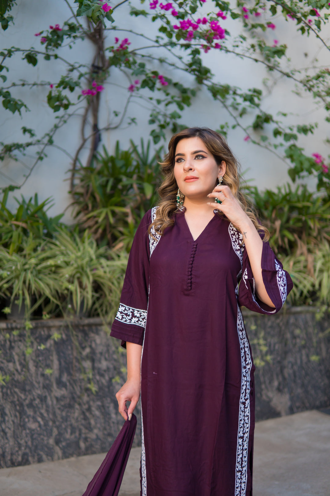 Wine Rayon Chikankari Suit Set -Custom Made