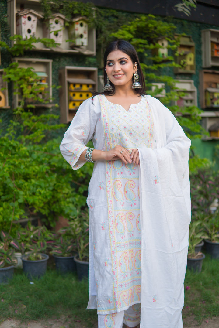 White Chanderi Chikankari Suit Set -Custom Made