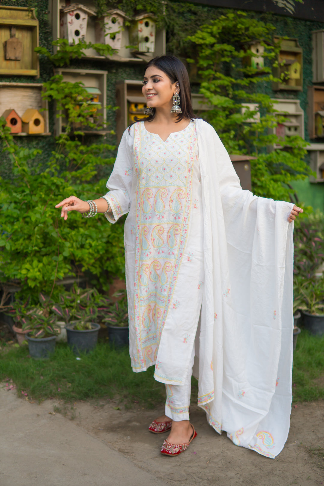 White Chanderi Chikankari Suit Set -Custom Made