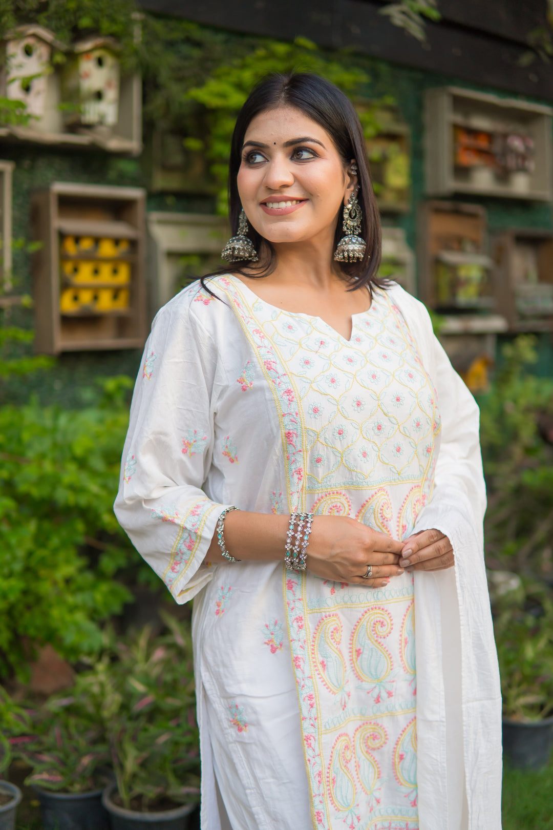 White Chanderi Chikankari Suit Set -Custom Made