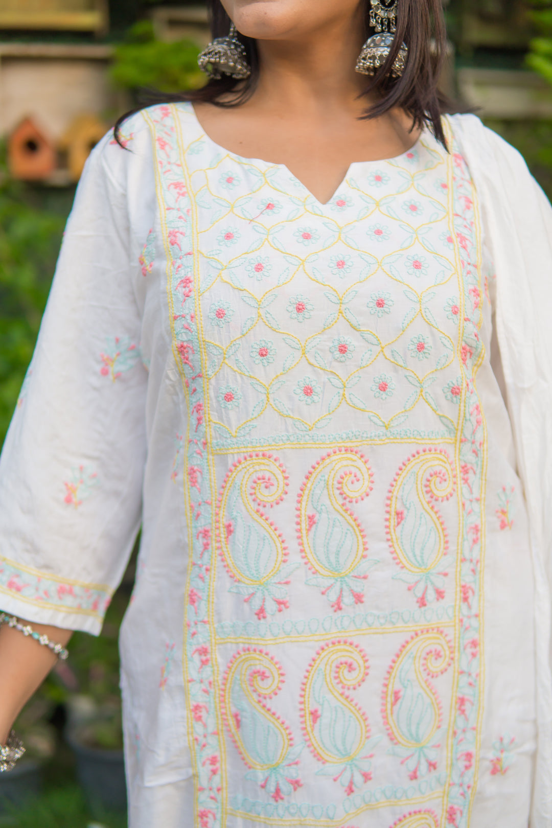 White Chanderi Chikankari Suit Set -Custom Made