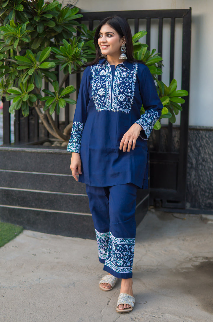 Navy Blue Chanderi Chikankari Co-Ord Set