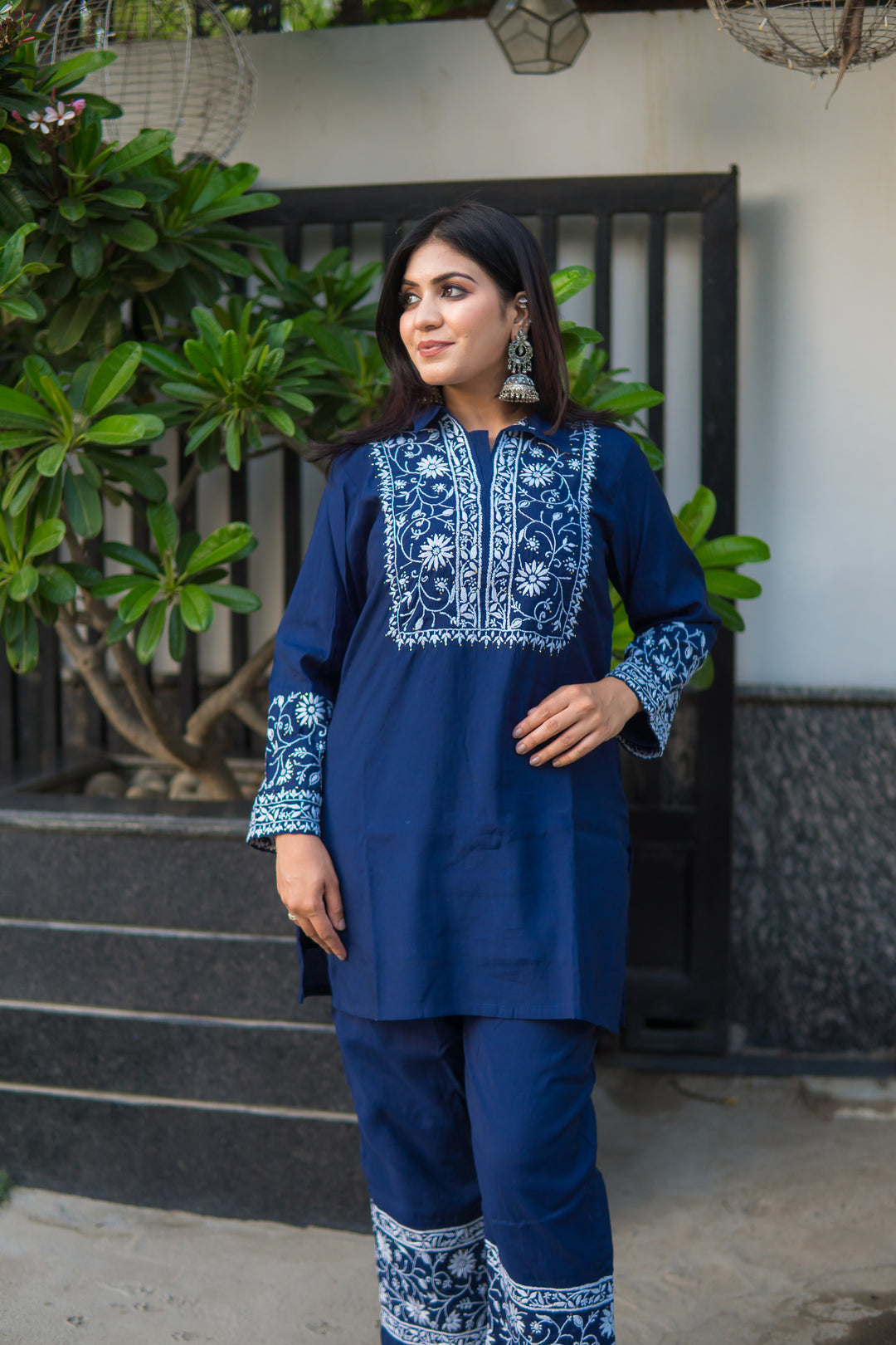 Navy Blue Chanderi Chikankari Co-Ord Set