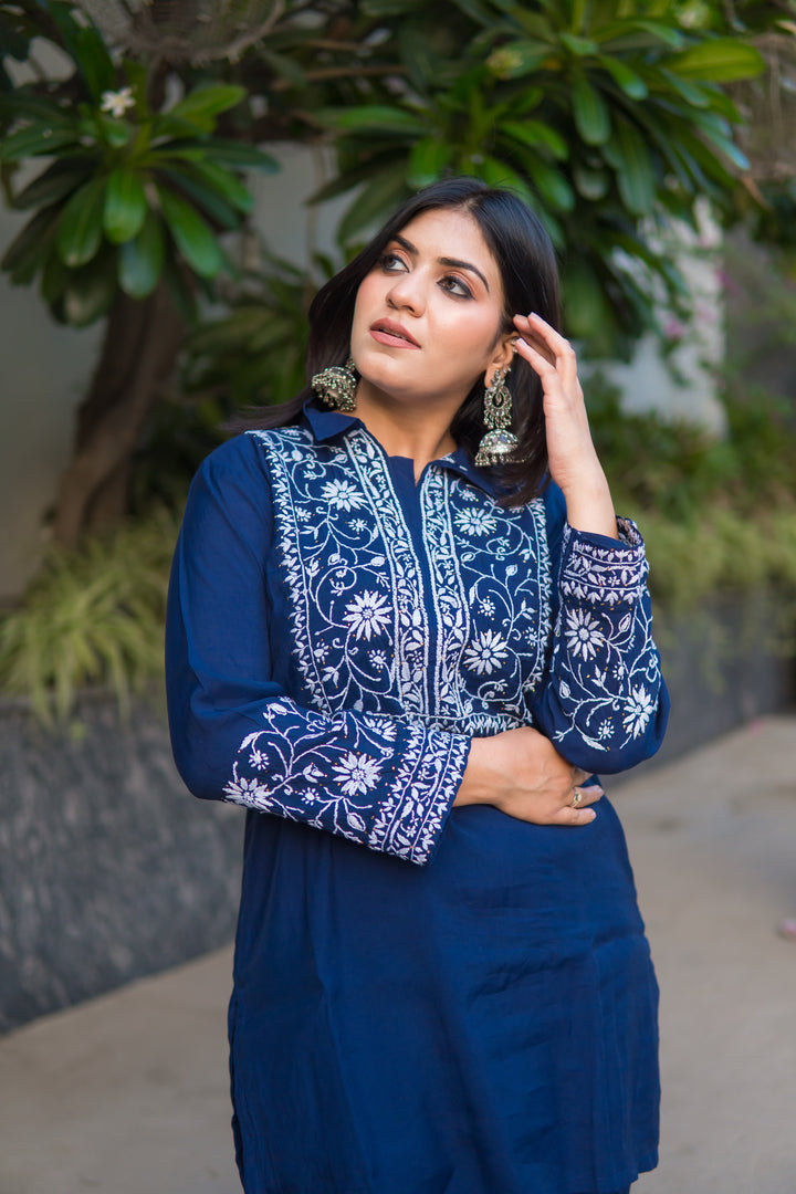 Navy Blue Chanderi Chikankari Co-Ord Set