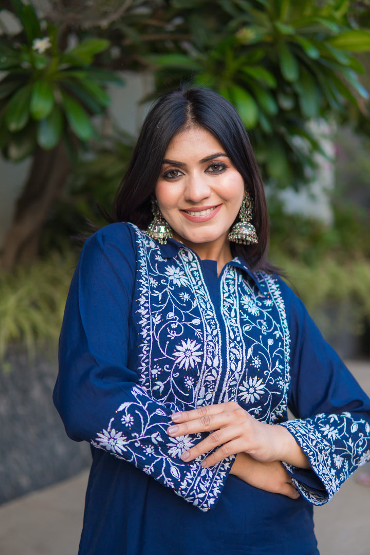 Navy Blue Chanderi Chikankari Co-Ord Set