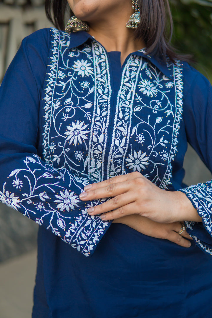 Navy Blue Chanderi Chikankari Co-Ord Set