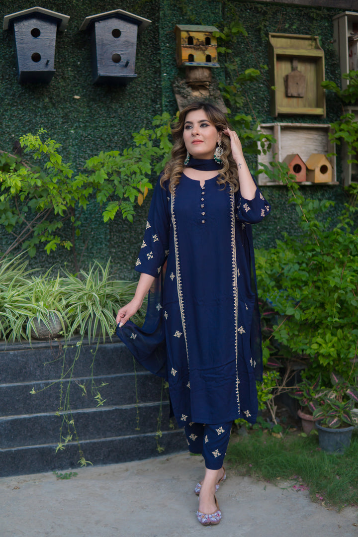 Navy Blue Rayon Chikankari Set