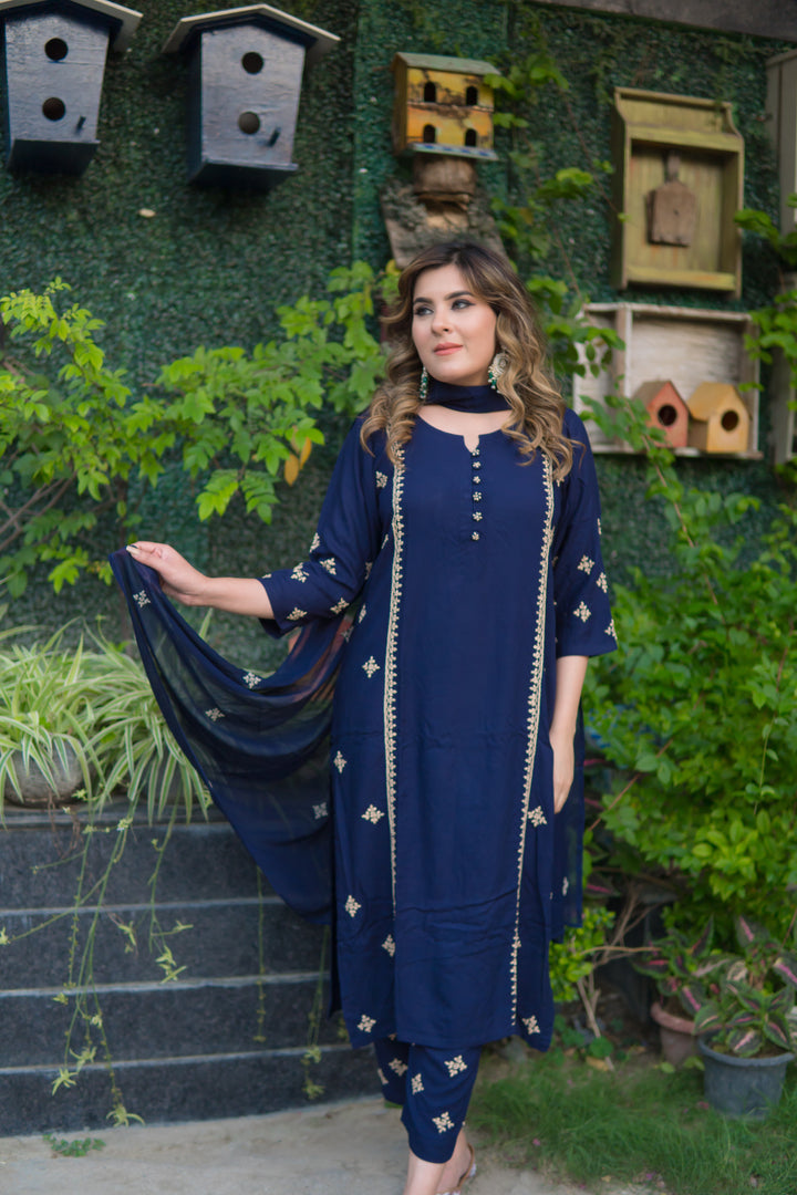 Navy Blue Rayon Chikankari Set