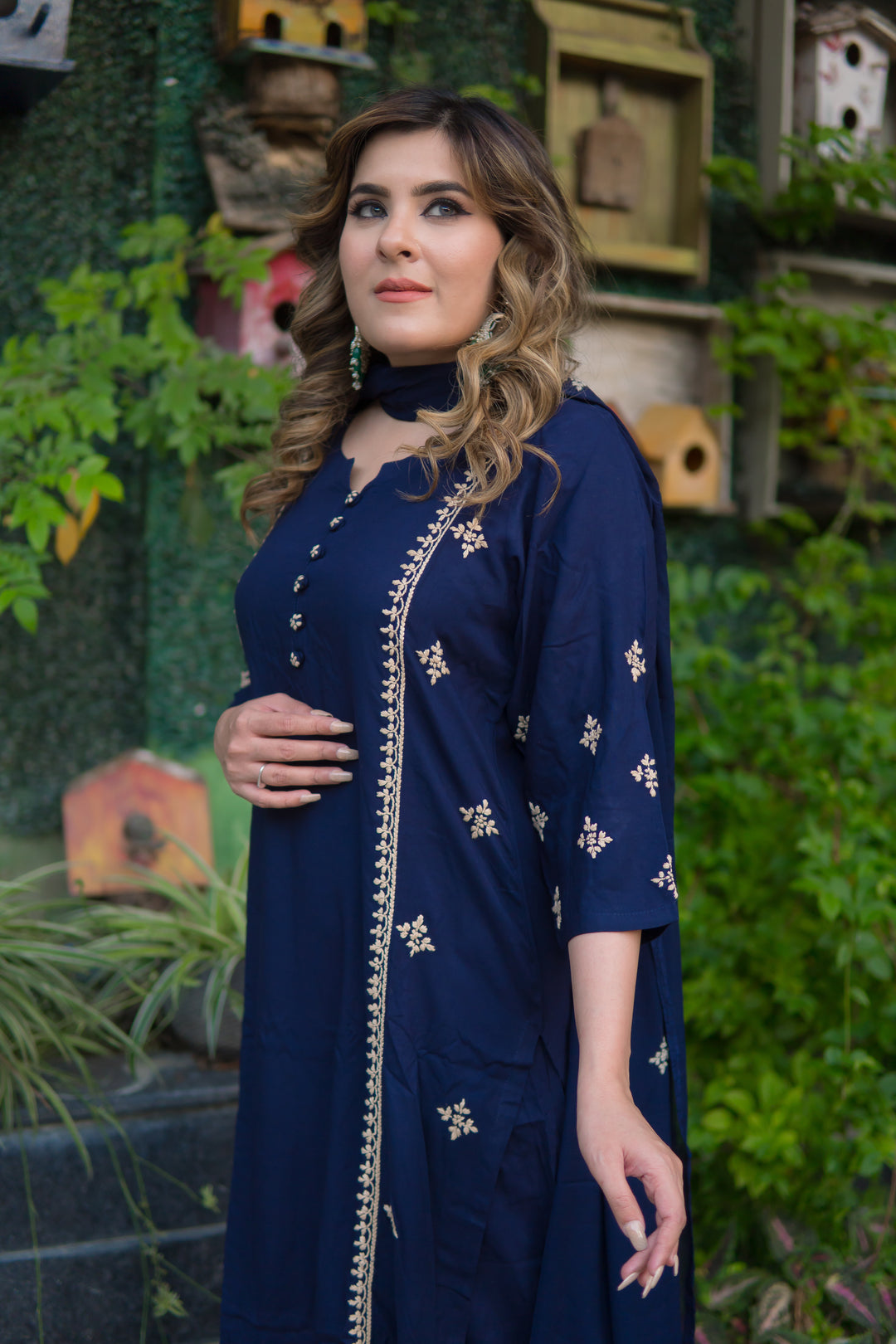 Navy Blue Rayon Chikankari Set
