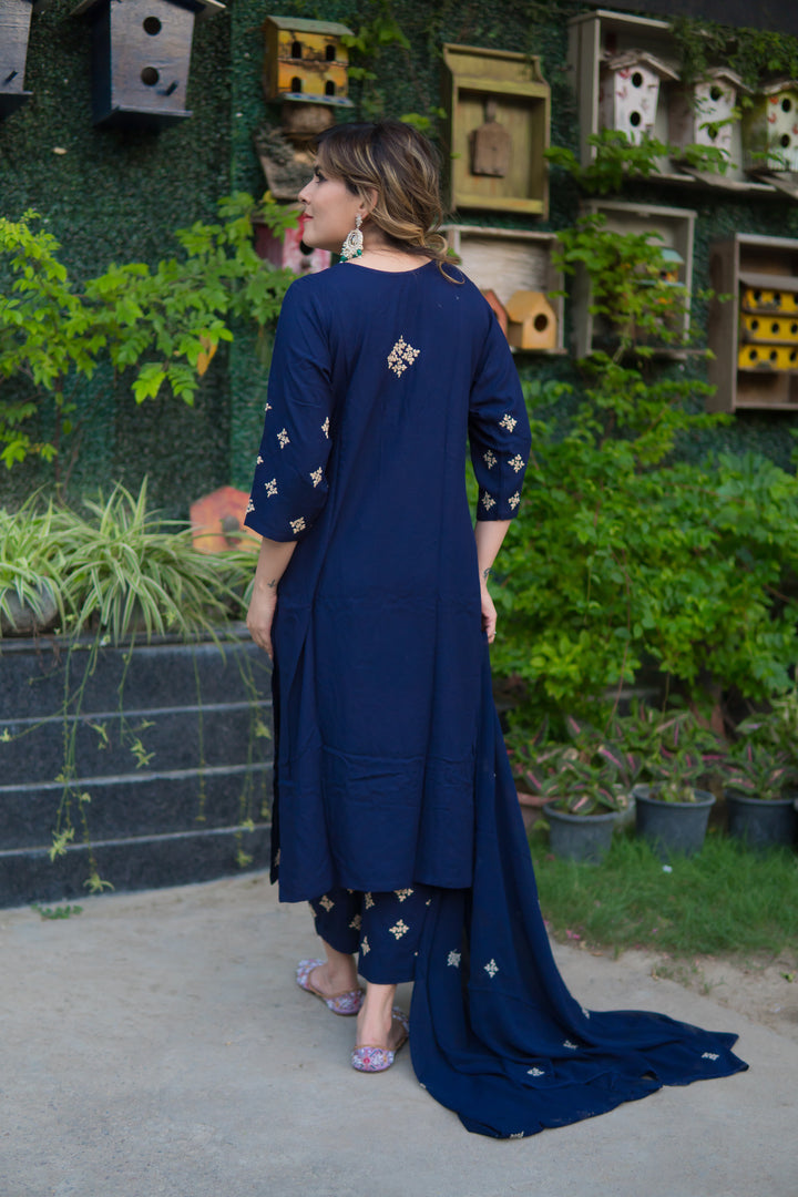 Navy Blue Rayon Chikankari Set
