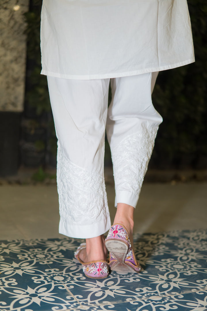 White Giza Cotton Chikankari Pant -Custom Made