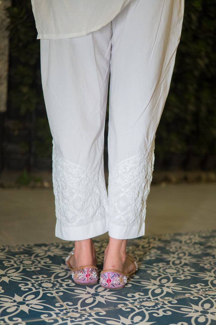 White Giza Cotton Chikankari Pant -Custom Made