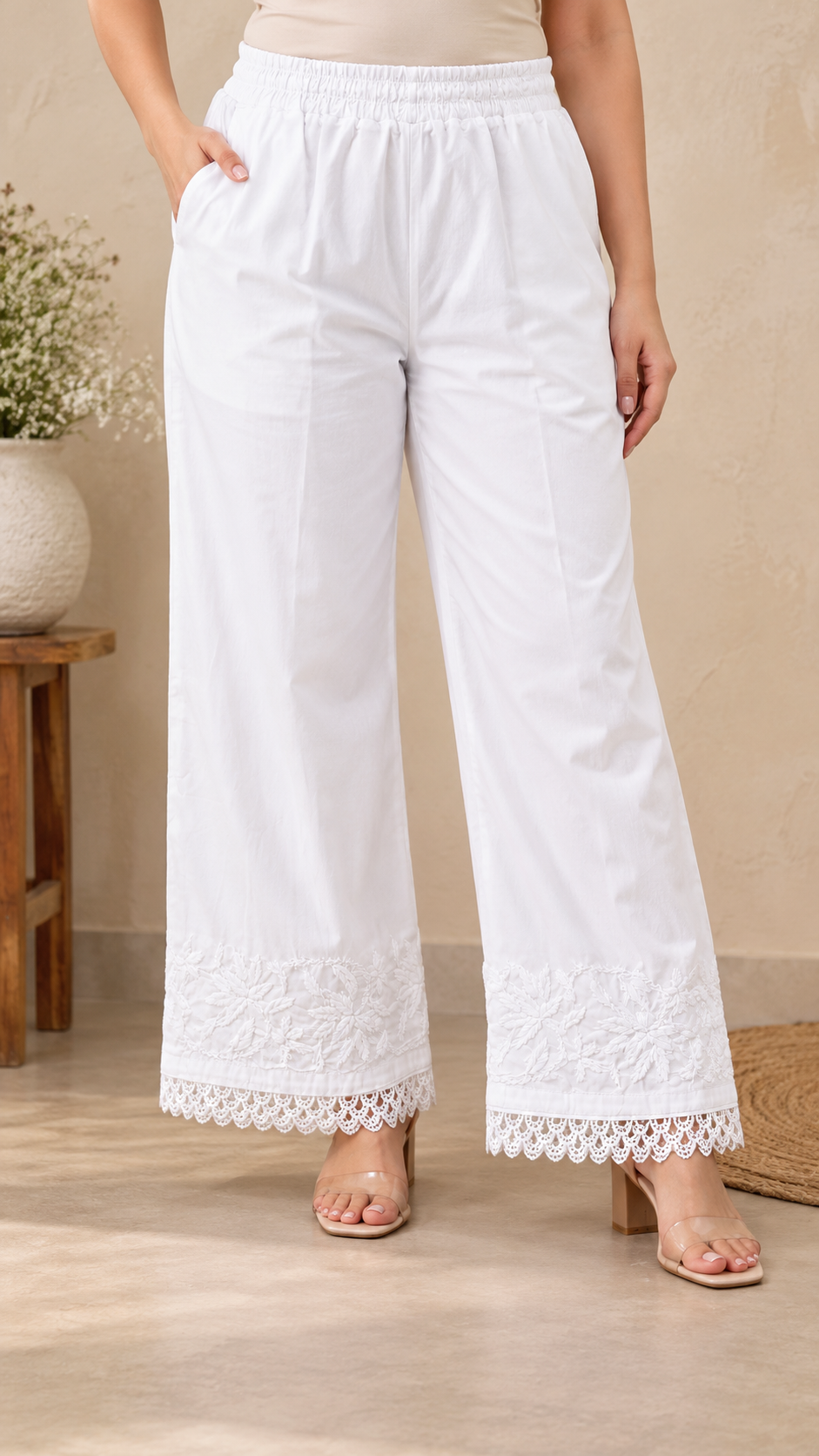 White stretchable Cotton Chikankari Pant