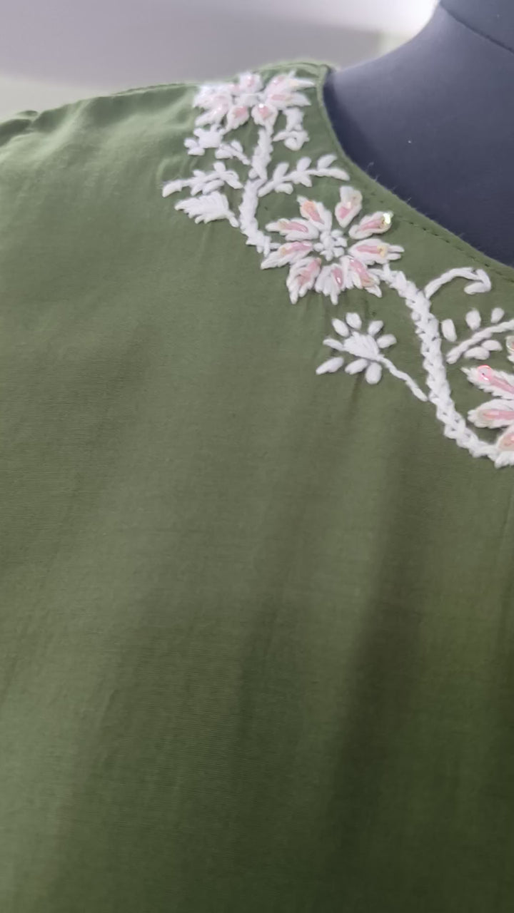 Dark Green Chanderi Chikankari A-line Co-set -Custom Made