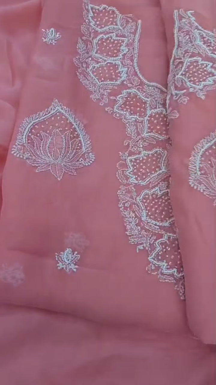 Peachy rose organza Chikankari Kurta Duppata Fabric