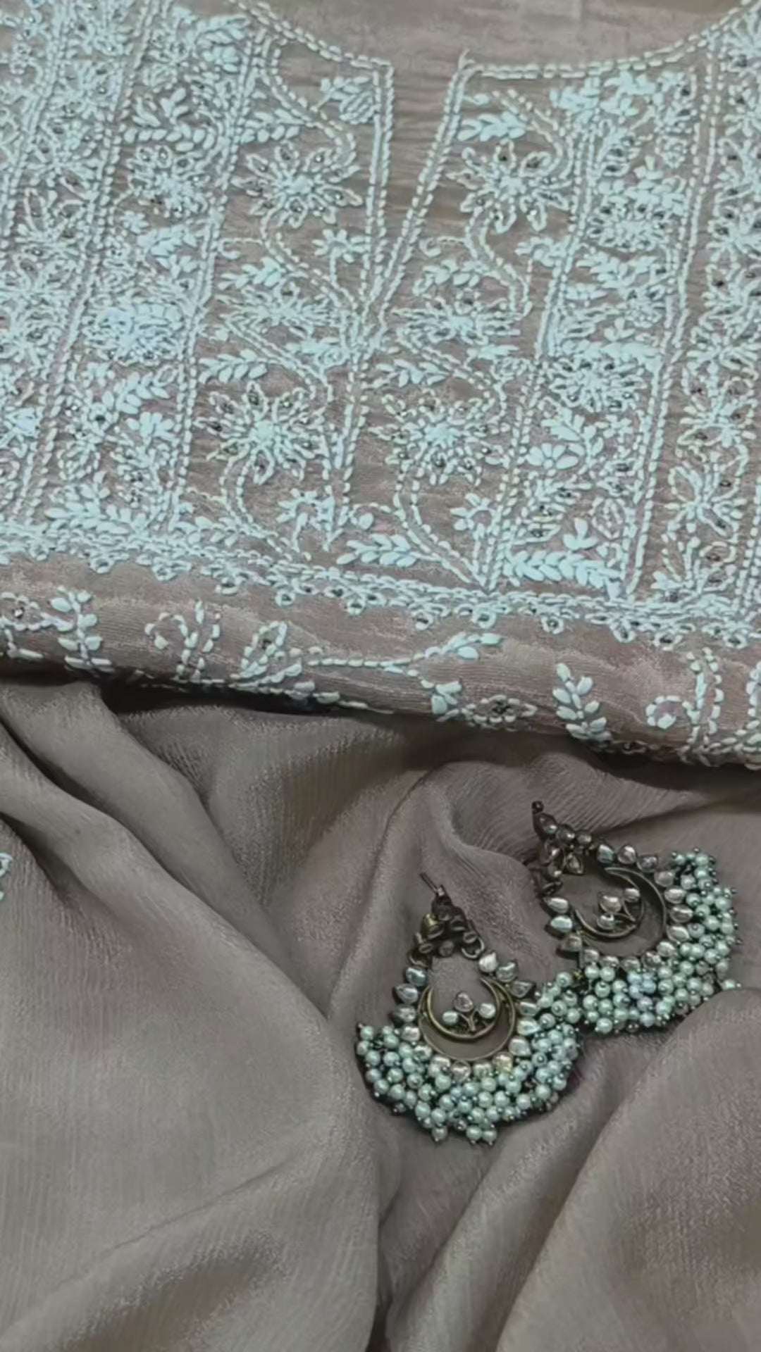 Champagne Beige soft tissue Chikankari Kurta Dupatta Fabric