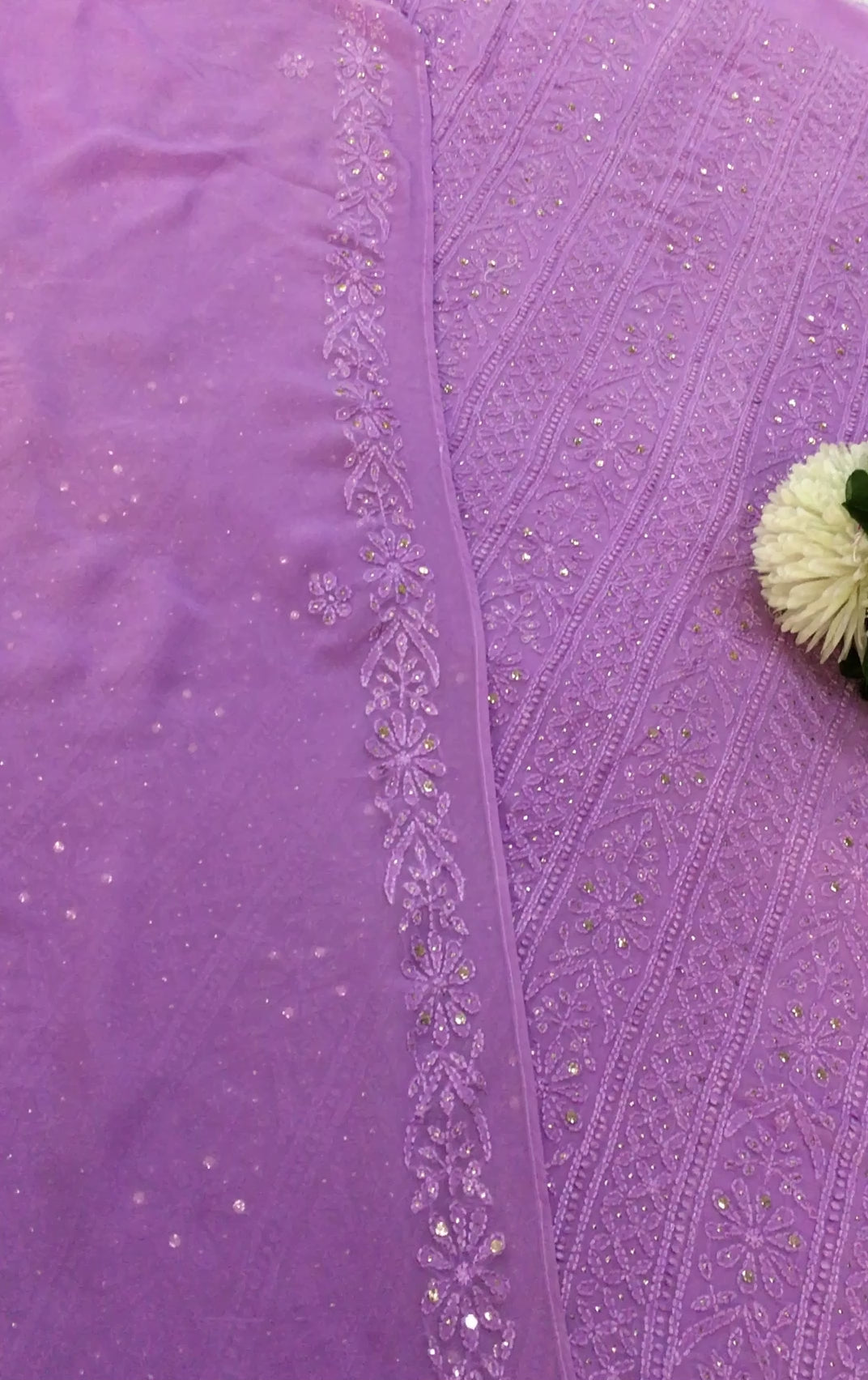 Lavender Pure Georgette Chikankari Kurta Duppata Fabric