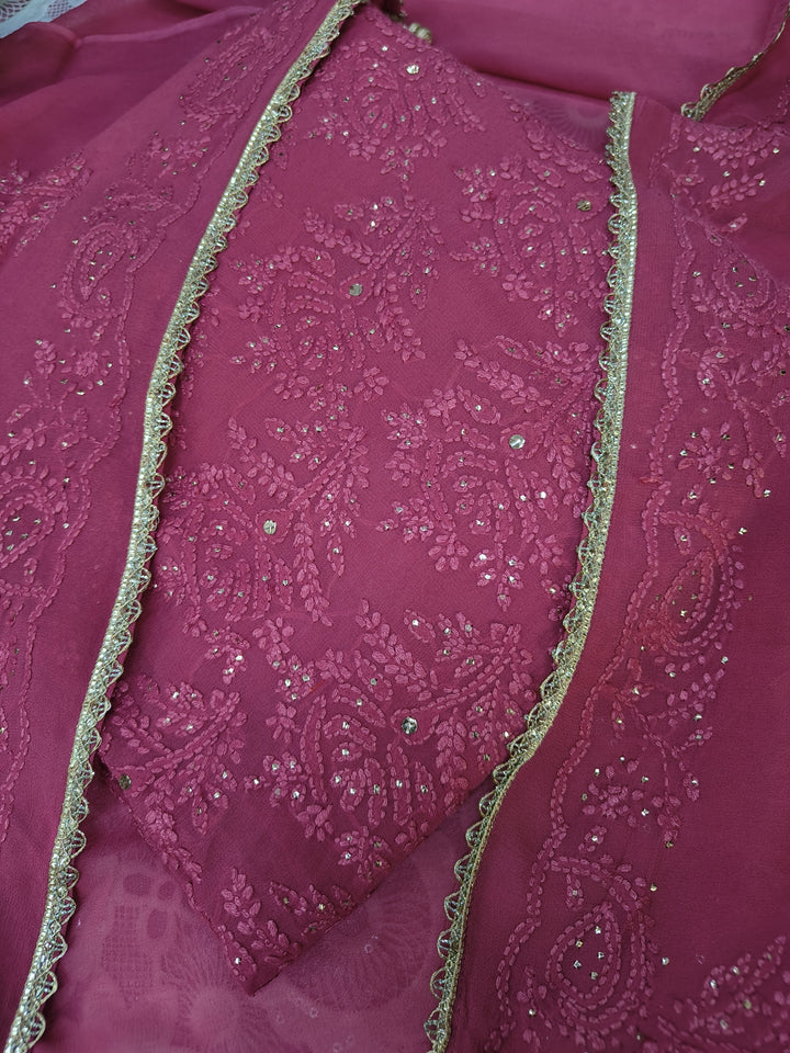 Onion Pink Pure Georgette Chikankari kurta dupatta Fabric